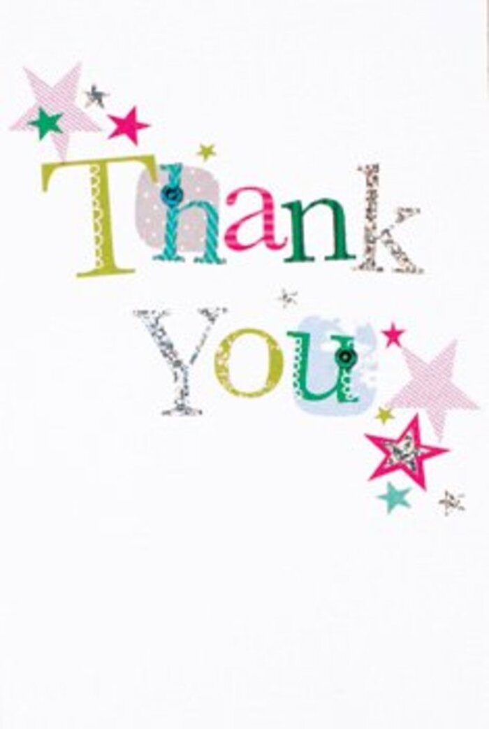 On this thank you card, a graceful letter arrangement unfolds-a quietly exuberant presence that mirrors the dynamism of Beckton's close-knit community. Each letter seems alive with character: some curve playfully with polka dots, others stand dignified with finely stitched silvery edges, all rendered in spirited shades of lime, pink, and blue. Stars, some striped in sparkling magenta and others in turquoise or silvery gleam, cluster around the message as if blessing the words with a celebratory flair glassy as Beckton's waters on a still afternoon. The composition feels modern and refined; the white backdrop is as crisp as morning light reflecting off the New Beckton Lagoon, highlighting each hue and shimmer. This card offers a universally warm reception-a gesture as uplifting and memorable as receiving fresh flowers delivered to your home near Winsor Park, expressing heartfelt thanks that transcend words alone.